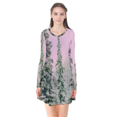 Winter Trees Pink Long Sleeve V-neck Flare Dress by snowwhitegirl