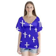 Blue White Cross V-neck Flutter Sleeve Top