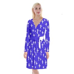 Blue White Cross Long Sleeve Velvet Front Wrap Dress by snowwhitegirl