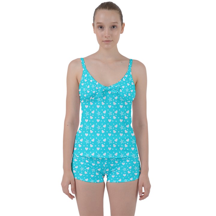 Hearts And Star Dot Blue Tie Front Two Piece Tankini