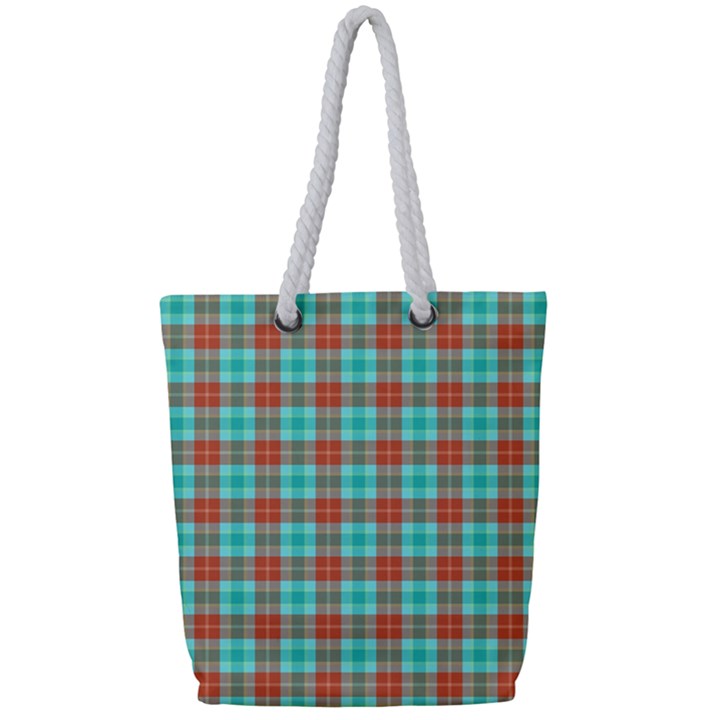 Aqua Orange Plaid Full Print Rope Handle Tote (Small)