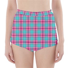 Blue Pink Plaid High-waisted Bikini Bottoms