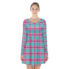 Blue Pink Plaid Long Sleeve Velvet V-neck Dress by snowwhitegirl