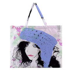 Girl With Hat Zipper Large Tote Bag