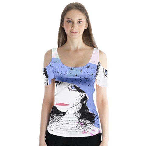 Girl With Hat Butterfly Sleeve Cutout Tee  by snowwhitegirl