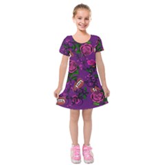 Purple  Rose Vampire Kids  Short Sleeve Velvet Dress by snowwhitegirl