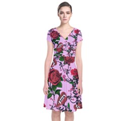 Pink Rose Vampire Short Sleeve Front Wrap Dress