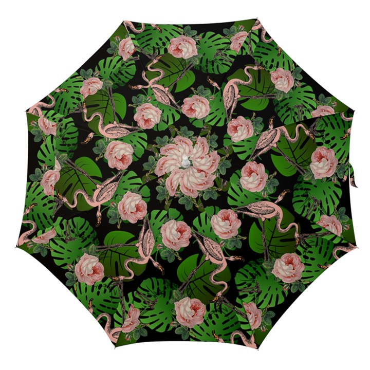 Flamingo Floral Black Straight Umbrellas