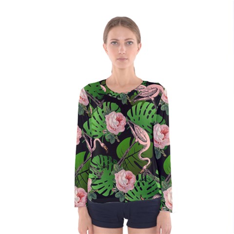 Flamingo Floral Black Women s Long Sleeve Tee by snowwhitegirl