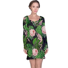 Flamingo Floral Black Long Sleeve Nightdress by snowwhitegirl