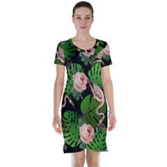 Flamingo Floral Black Short Sleeve Nightdress by snowwhitegirl