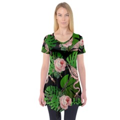 Flamingo Floral Black Short Sleeve Tunic 