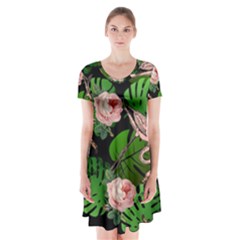 Flamingo Floral Black Short Sleeve V-neck Flare Dress by snowwhitegirl