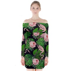 Flamingo Floral Black Long Sleeve Off Shoulder Dress by snowwhitegirl