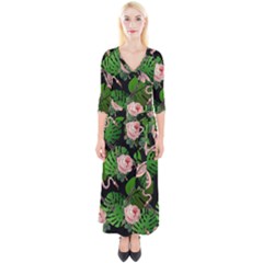 Flamingo Floral Black Quarter Sleeve Wrap Maxi Dress by snowwhitegirl