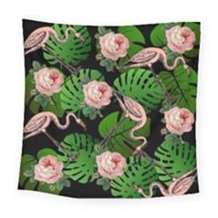 Flamingo Floral Black Square Tapestry (large)
