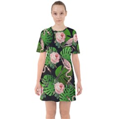 Flamingo Floral Black Sixties Short Sleeve Mini Dress by snowwhitegirl