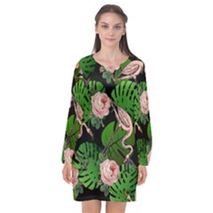 Flamingo Floral Black Long Sleeve Chiffon Shift Dress  by snowwhitegirl