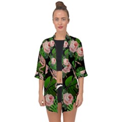 Flamingo Floral Black Open Front Chiffon Kimono by snowwhitegirl