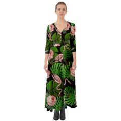 Flamingo Floral Black Button Up Boho Maxi Dress by snowwhitegirl