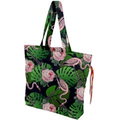 Flamingo Floral Black Drawstring Tote Bag by snowwhitegirl