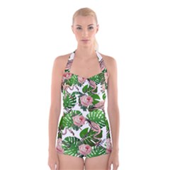 Flamingo Floral White Boyleg Halter Swimsuit 