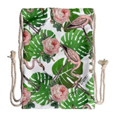 Flamingo Floral White Drawstring Bag (Large)