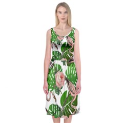 Flamingo Floral White Midi Sleeveless Dress