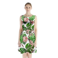 Flamingo Floral White Sleeveless Waist Tie Chiffon Dress