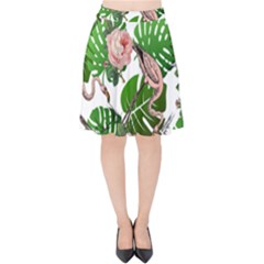 Flamingo Floral White Velvet High Waist Skirt