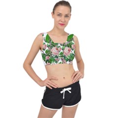 Flamingo Floral White V-Back Sports Bra