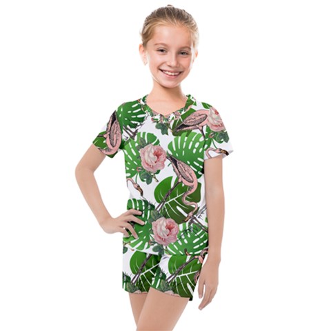 Flamingo Floral White Kids  Mesh Tee And Shorts Set by snowwhitegirl