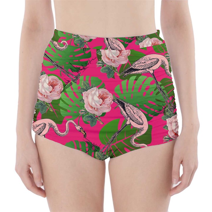 Flamingo Floral Pink High-Waisted Bikini Bottoms