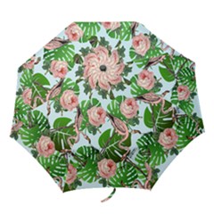 Flamingo Floral Blue Folding Umbrellas