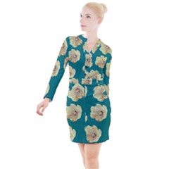 Teal Tulips Button Long Sleeve Dress