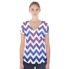 Pink Blue Black Ombre Chevron Short Sleeve Front Detail Top