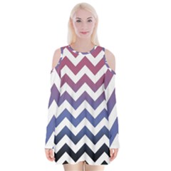 Pink Blue Black Ombre Chevron Velvet Long Sleeve Shoulder Cutout Dress