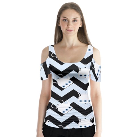 Blue Teapot Chevron Butterfly Sleeve Cutout Tee  by snowwhitegirl