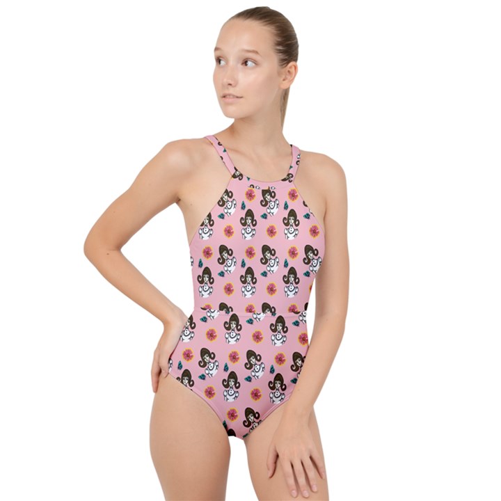 Girl With Dress  Pink High Neck One Piece Swimsuit