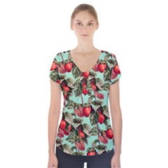 Fruit Branches Green Short Sleeve Front Detail Top