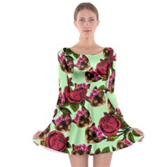 Lazy Cat Floral Pattern Green Long Sleeve Skater Dress