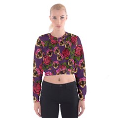 Lazy Cat Floral Pattern Purple Cropped Sweatshirt