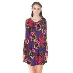 Lazy Cat Floral Pattern Purple Long Sleeve V-neck Flare Dress