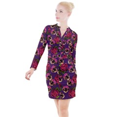 Lazy Cat Floral Pattern Purple Button Long Sleeve Dress by snowwhitegirl