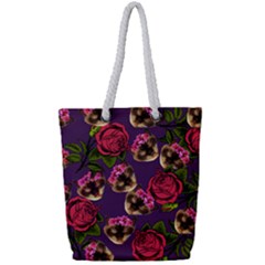 Lazy Cat Floral Pattern Purple Full Print Rope Handle Tote (small)