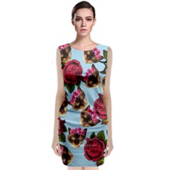 Lazy Cat Floral Pattern Blue Classic Sleeveless Midi Dress