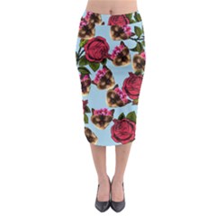 Lazy Cat Floral Pattern Blue Midi Pencil Skirt by snowwhitegirl