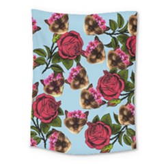 Lazy Cat Floral Pattern Blue Medium Tapestry