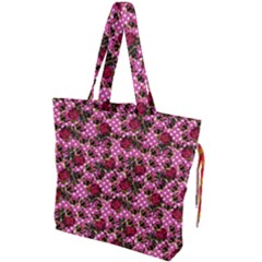 Lazy Cat Floral Pattern Pink Polka Drawstring Tote Bag by snowwhitegirl