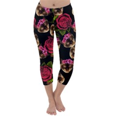 Lazy Cat Floral Pattern Black Capri Winter Leggings 